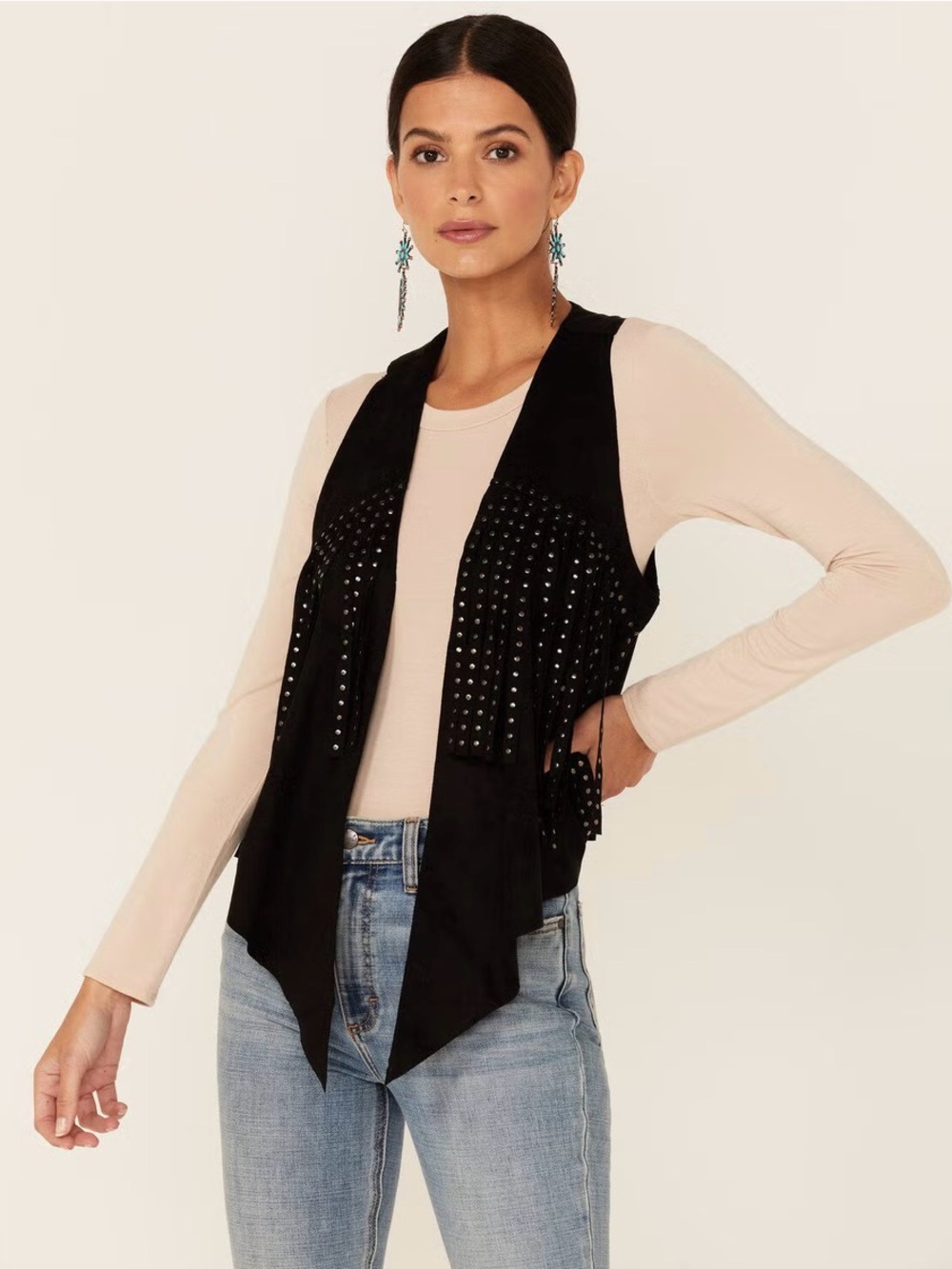 VOCAL WOMEN'S FAUX SUEDE STUDDED FRINGE VEST